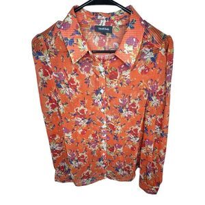 Modcloth Sheer Orange Floral Button Up Loose Fit Long Sleeve Blouse